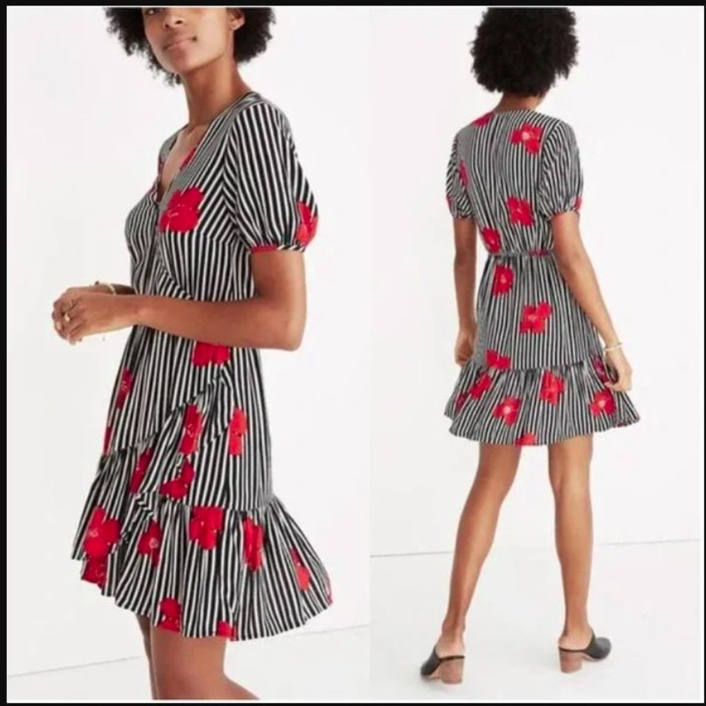 Madewell Black and White Striped Midi Dress with Red Floral Accents